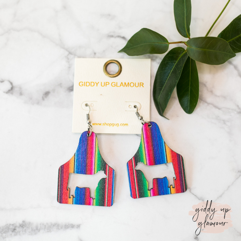 Cattle Tag Wooden Out Earrings in Serape - Giddy Up Glamour Boutique