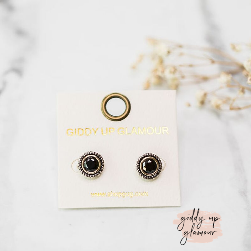 Black Crystal Circle Stud Earrings with Silver Rope Trim - Giddy Up Glamour Boutique