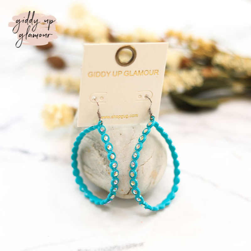 Large Teardrop Earrings with AB Crystal Outline in Turquoise - Giddy Up Glamour Boutique