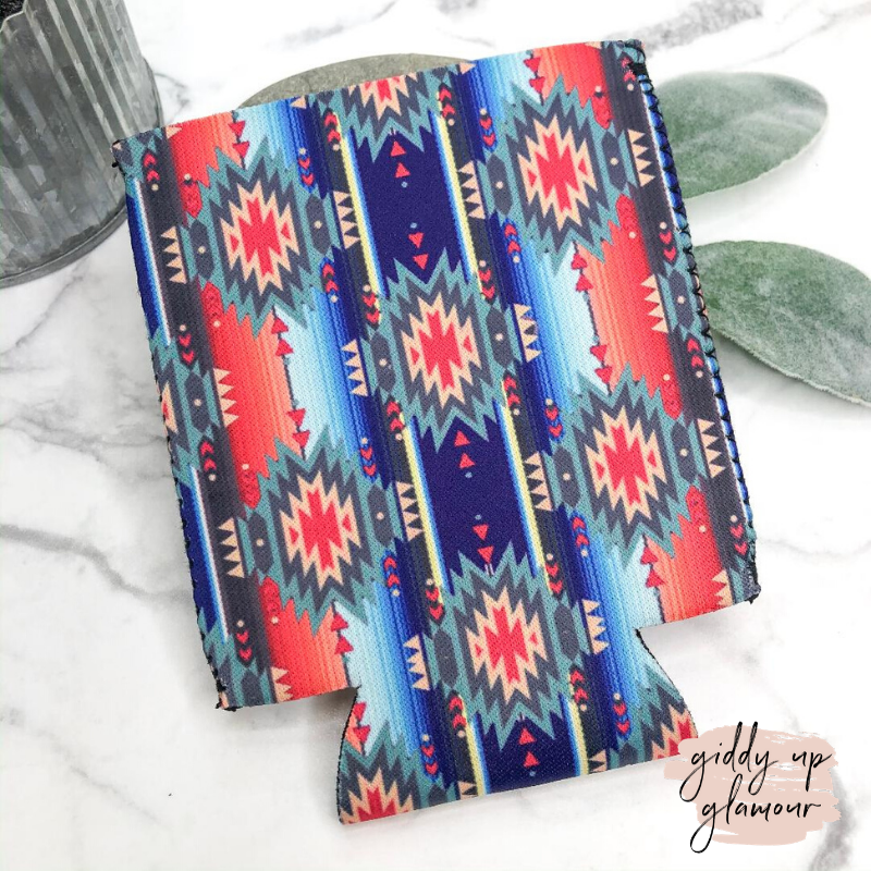 Royal Blue, Turquoise, and Red Tribal Aztec Print Koozie - Giddy Up Glamour Boutique