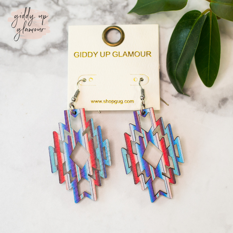 Aztec Shaped Wooden Earrings in Blue and Red Serape - Giddy Up Glamour Boutique
