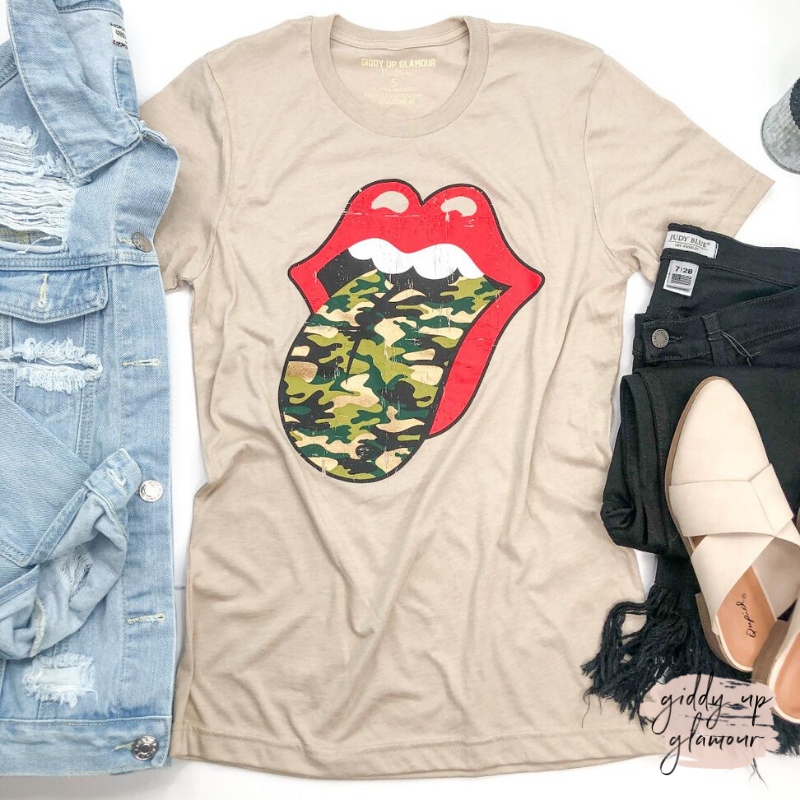 Last Chance Size Small | Rock N' Roll Soul Rolling Stones Short Sleeve Sand Tee Shirt in Camo - Giddy Up Glamour Boutique