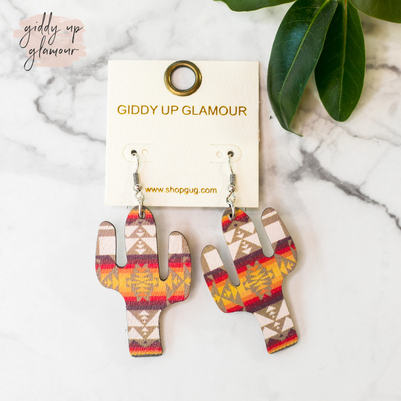 Cactus Wooden Earrings in Sunset Aztec - Giddy Up Glamour Boutique