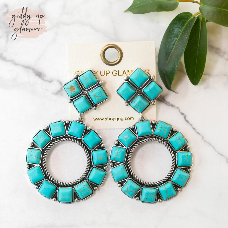 Diamond with Circle Drop Clip-On Earrings in Turquoise - Giddy Up Glamour Boutique