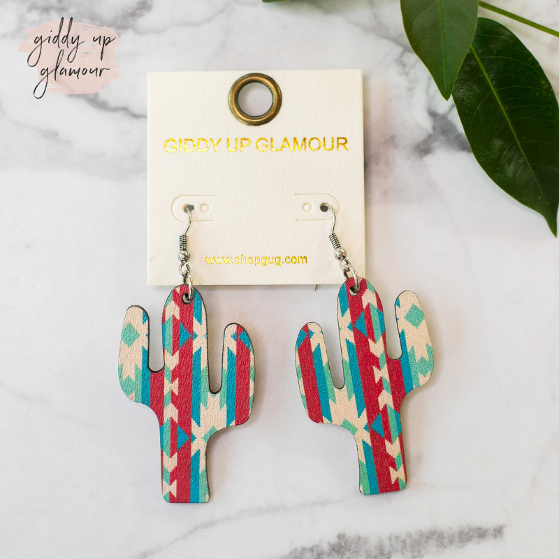 womens trendy jewelry red and turquoise aztec cactus wooden earrings