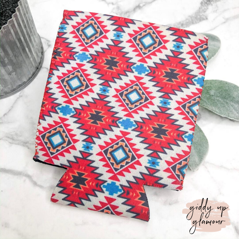 Red, White and Turquoise Aztec Print Koozie - Giddy Up Glamour Boutique