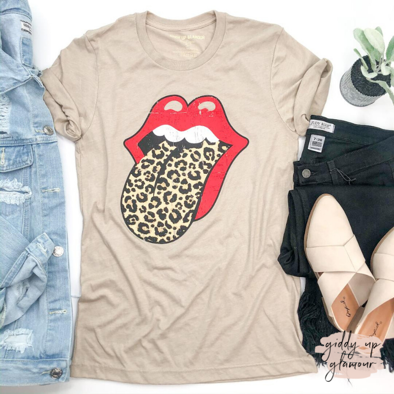 Rock N' Roll Soul Short Sleeve Sand Tee Shirt in Leopard - Giddy Up Glamour Boutique