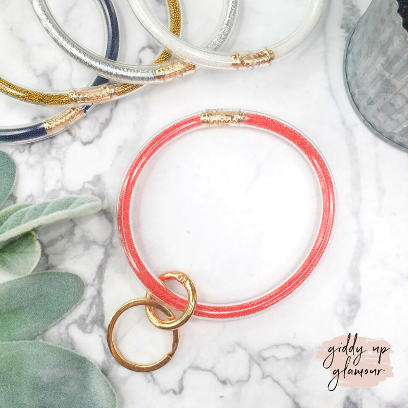 Clear O Bangle Key Ring with Micro Beads in Coral