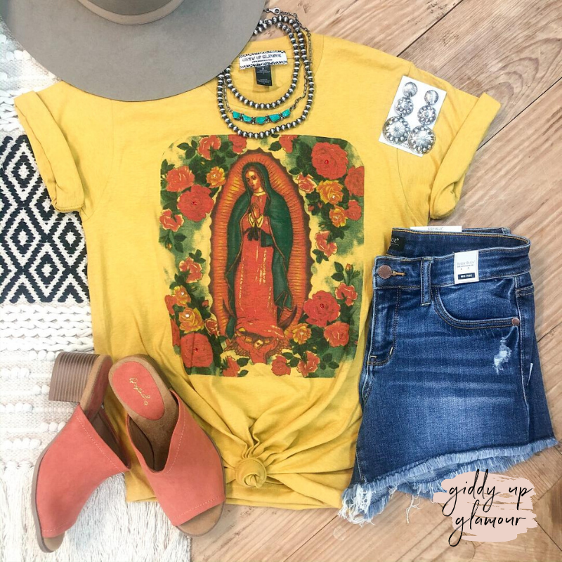 Lady of Guadalupe Floral Graphic Tee with Crystals in Mustard Yellow - Giddy Up Glamour Boutique