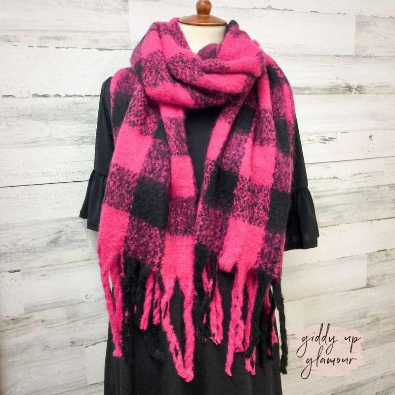 buffalo plaid scarf in fuchsia | warm snuggle scarf for winter | buffalo plaid scarf for fall and christmas 
