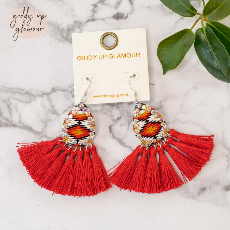 trendy womens jewelry red tassel aztec print earrings