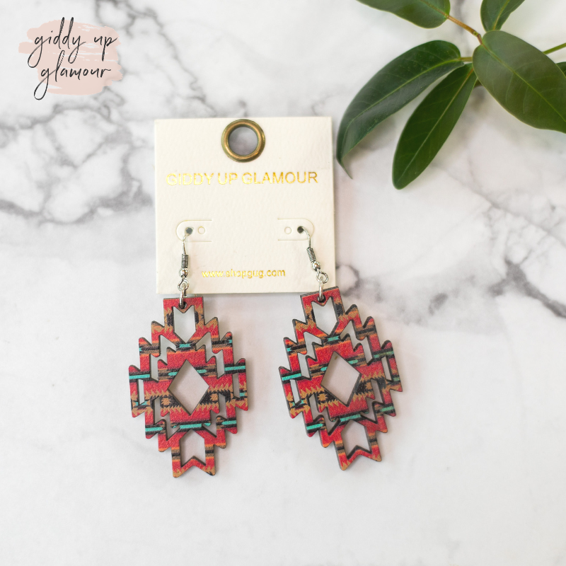 Aztec Shaped Wooden Earrings in Red Aztec - Giddy Up Glamour Boutique