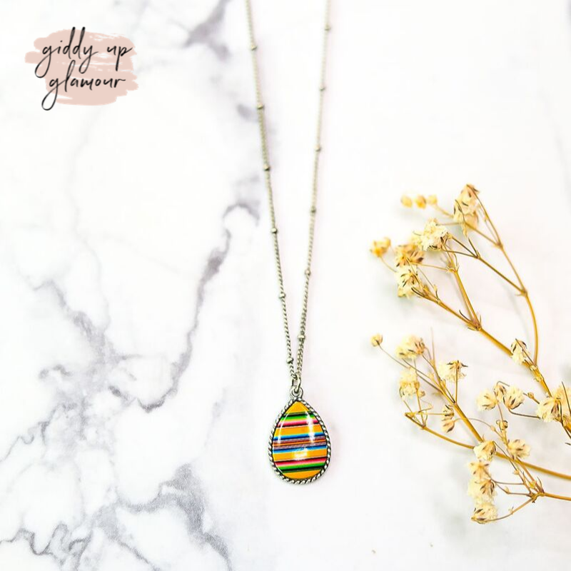 Small Teardrop Pendant Necklace in Yellow Serape - Giddy Up Glamour Boutique