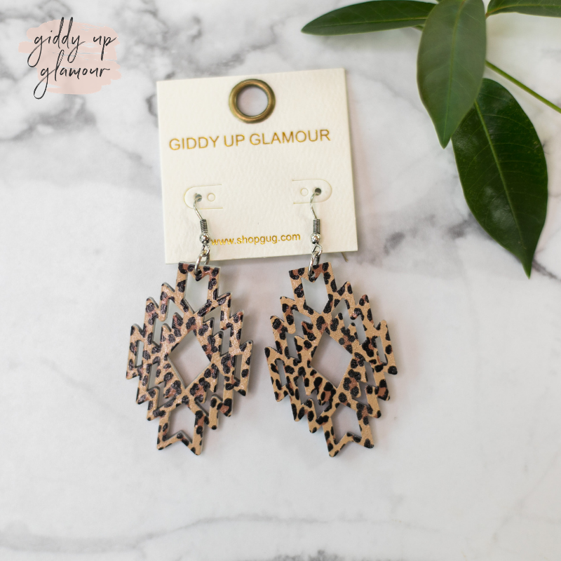 Aztec Shaped Wooden Earrings in Leopard Print - Giddy Up Glamour Boutique