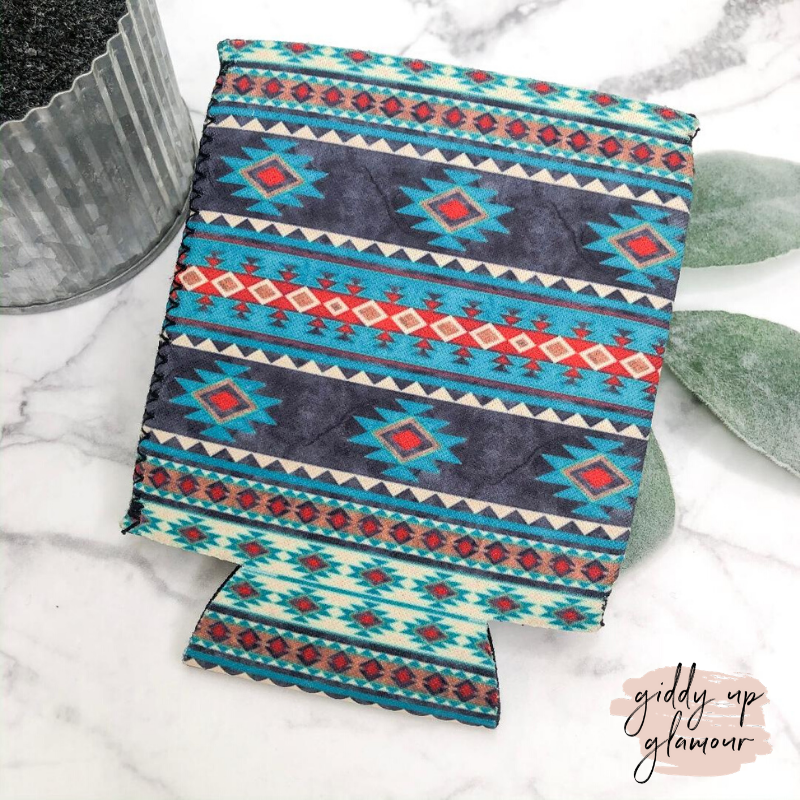 Navy, Turquoise, and Red Aztec Print Koozie - Giddy Up Glamour Boutique