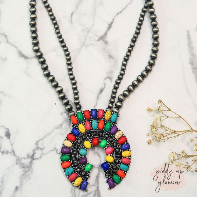 Navajo Pearl Inspired Necklace with Multi Color Naja Pendant - Giddy Up Glamour Boutique