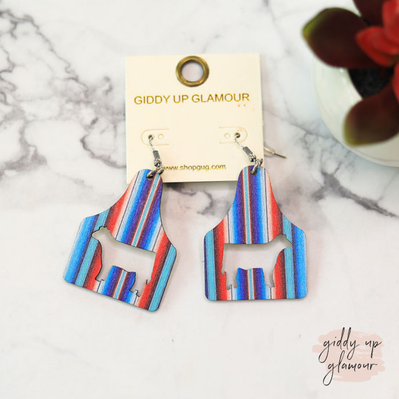 Cattle Tag Wooden Earrings in Blue Serape - Giddy Up Glamour Boutique
