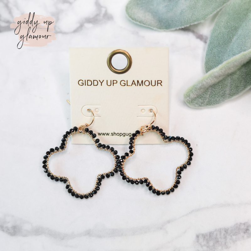 trendy womens jewelry quatrefoil wire earrings with black crystals