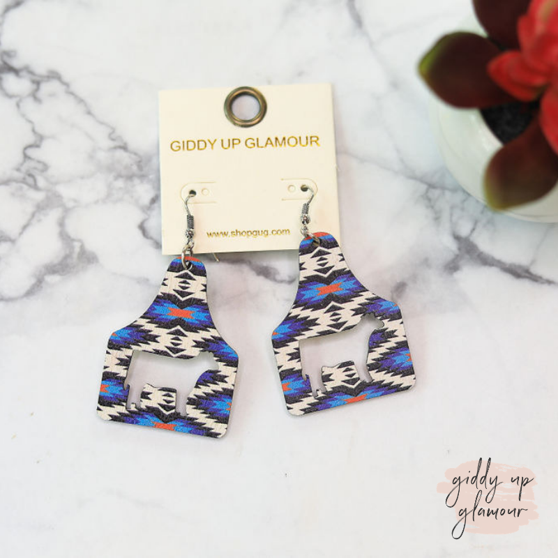 Cattle Tag Wooden Earrings in Blue Aztec - Giddy Up Glamour Boutique