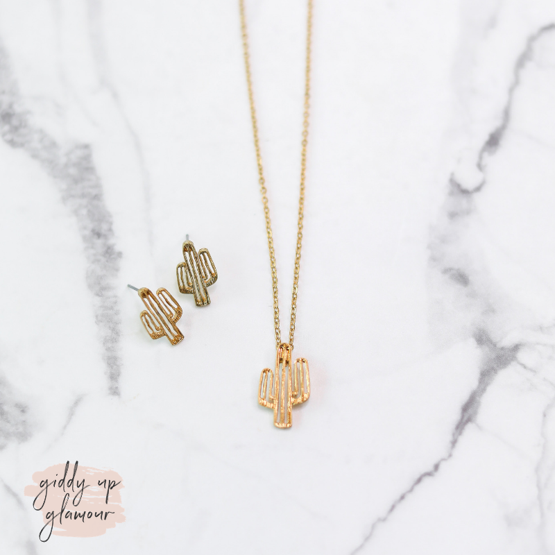 Gold Cactus Earring and Necklace Set - Giddy Up Glamour Boutique