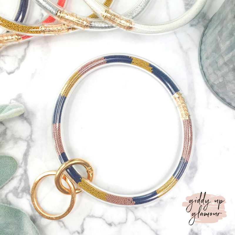 Clear O Bangle Key Ring with Micro Beads in Navy, Blush, and Mustard