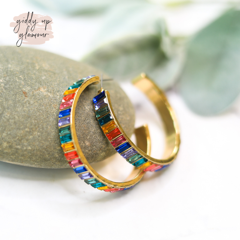 trendy womens jewelry rainbow baguette stone earrings hoops