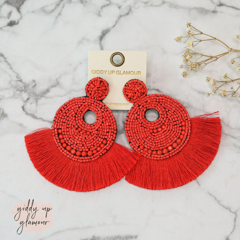 Beaded Statement Earrings with Fringe Trim in Red - Giddy Up Glamour Boutique