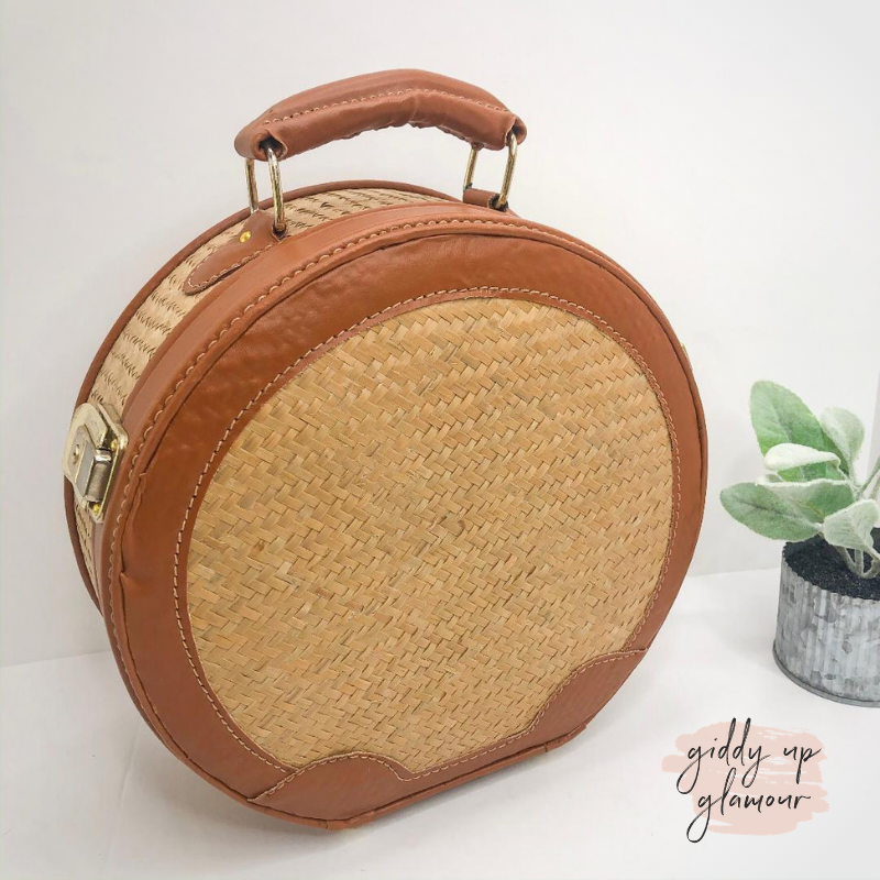 Resort Classic Large Round Wicker and Cognac Bag - Giddy Up Glamour Boutique