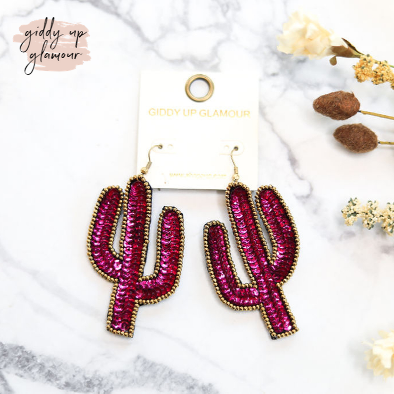 Sequin Cactus Earrings with Gold Trim in Fuchsia