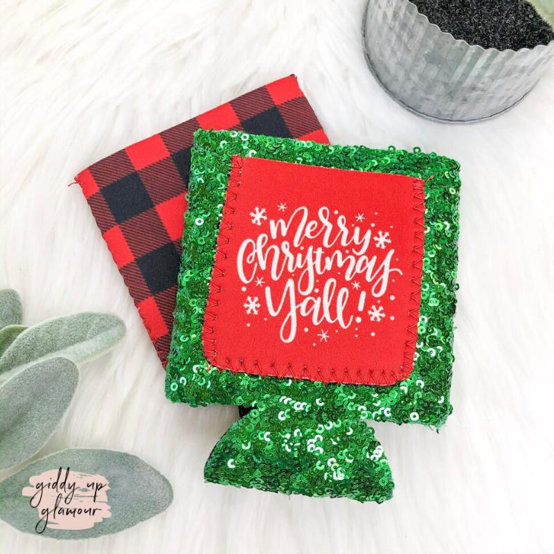 Merry Christmas Y'all Green Sequin Pocket Koozie - Giddy Up Glamour Boutique