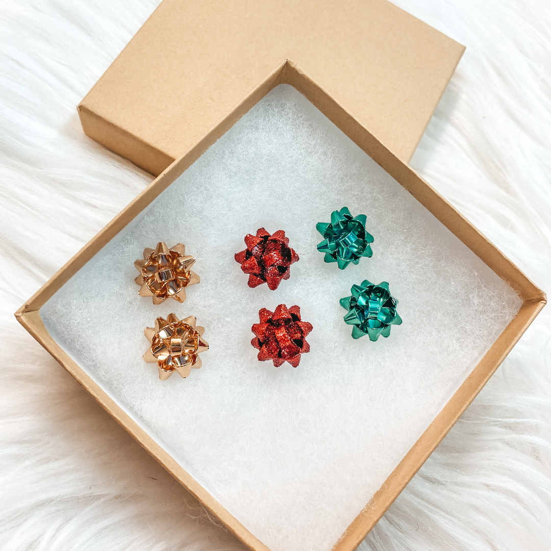 Holiday Special | Set of 3 Gift Bow Stud Earrings in Gold, Red, and Green in Gift Box - Giddy Up Glamour Boutique