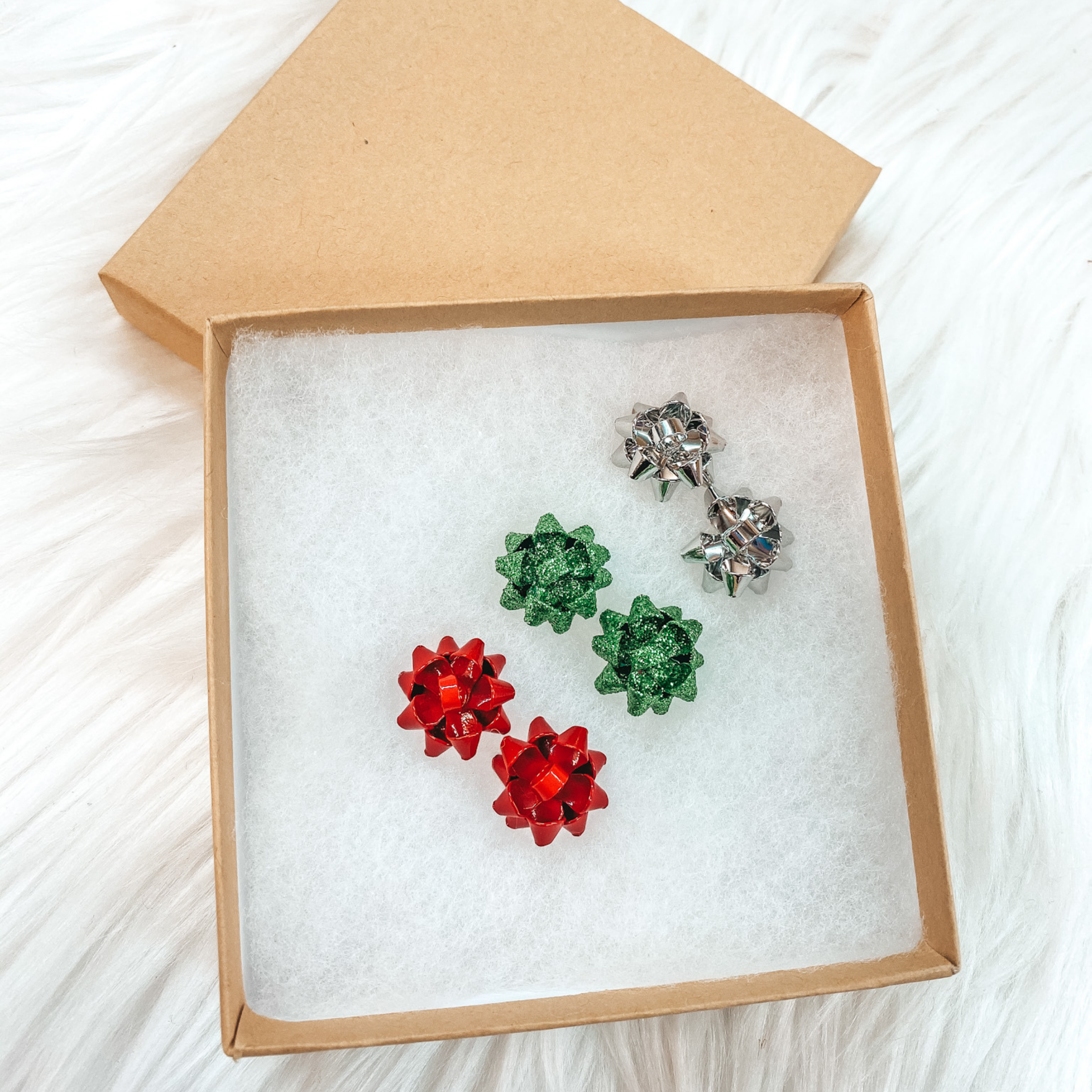 Holiday Special | Set of 3 Gift Bow Stud Earrings in Silver, Red, and Green in Gift Box - Giddy Up Glamour Boutique