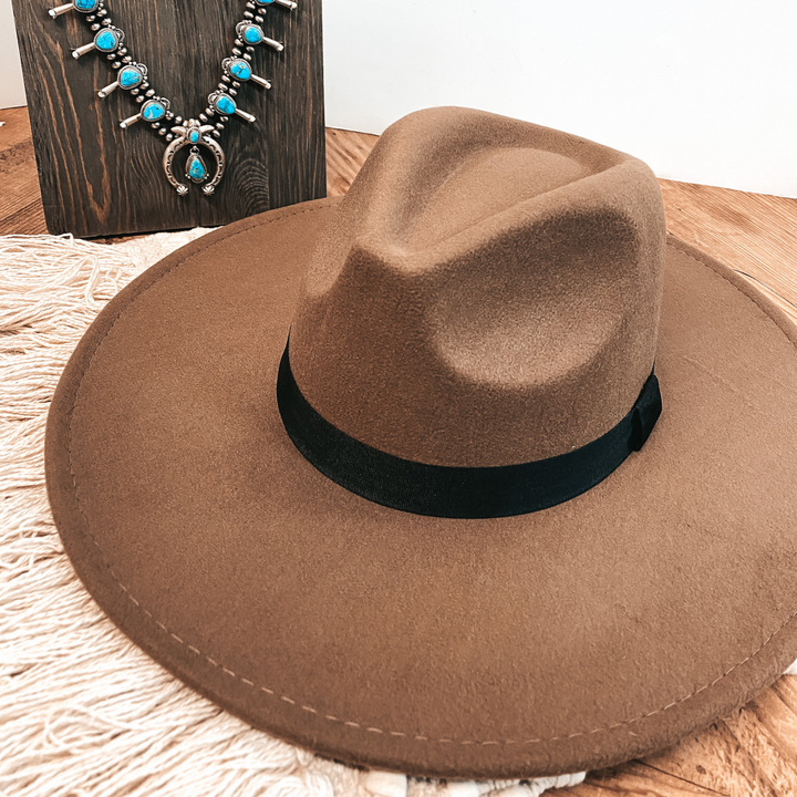 Gone for the Day Faux Felt Hat with Black Band in Chocolate Brown - Giddy Up Glamour Boutique