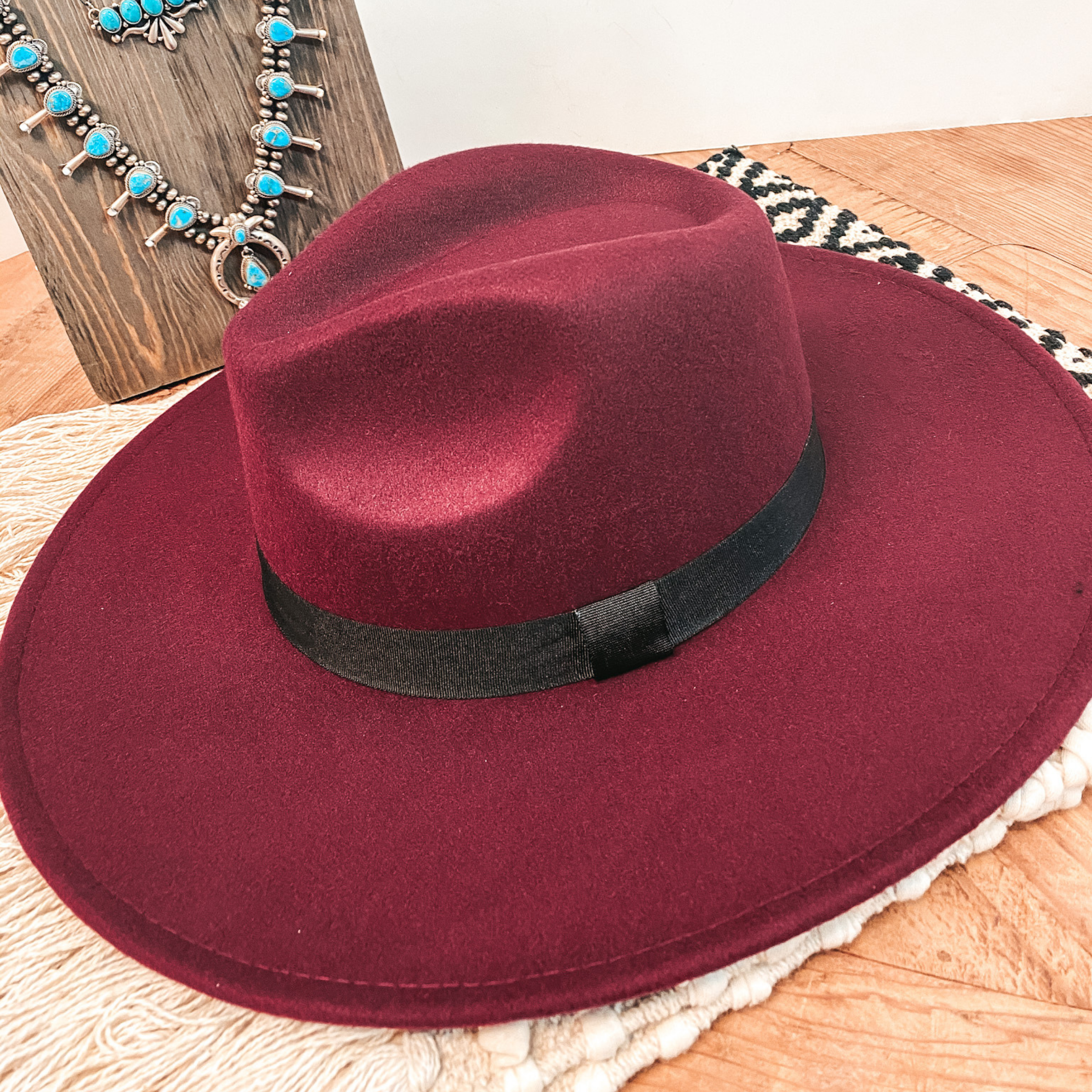 Gone for the Day Faux Felt Hat with Black Band in Burgundy - Giddy Up Glamour Boutique