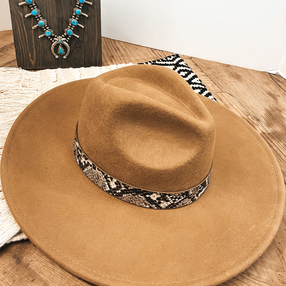 Gambling Problem Snakeskin Print Band Faux Felt Hat in Tan - Giddy Up Glamour Boutique