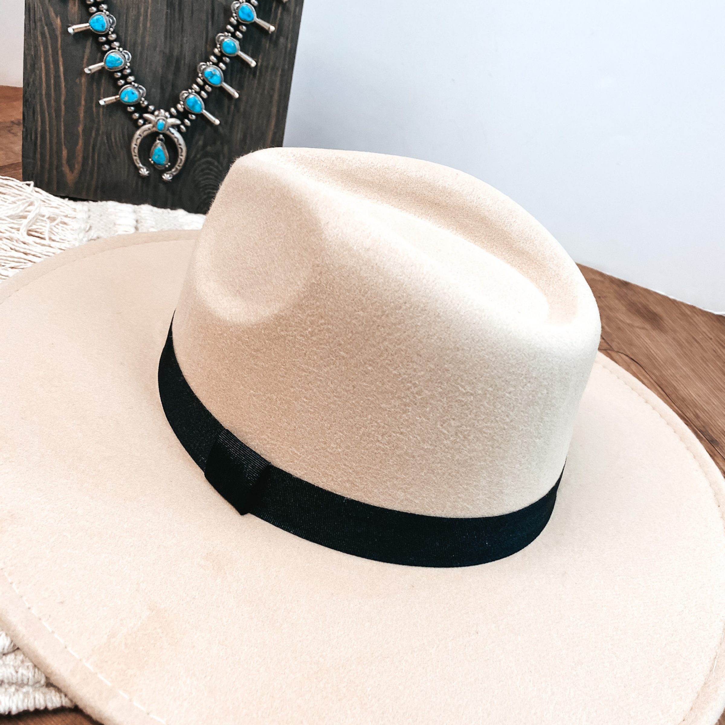 Gone for the Day Faux Felt Hat with Black Band in Ivory - Giddy Up Glamour Boutique
