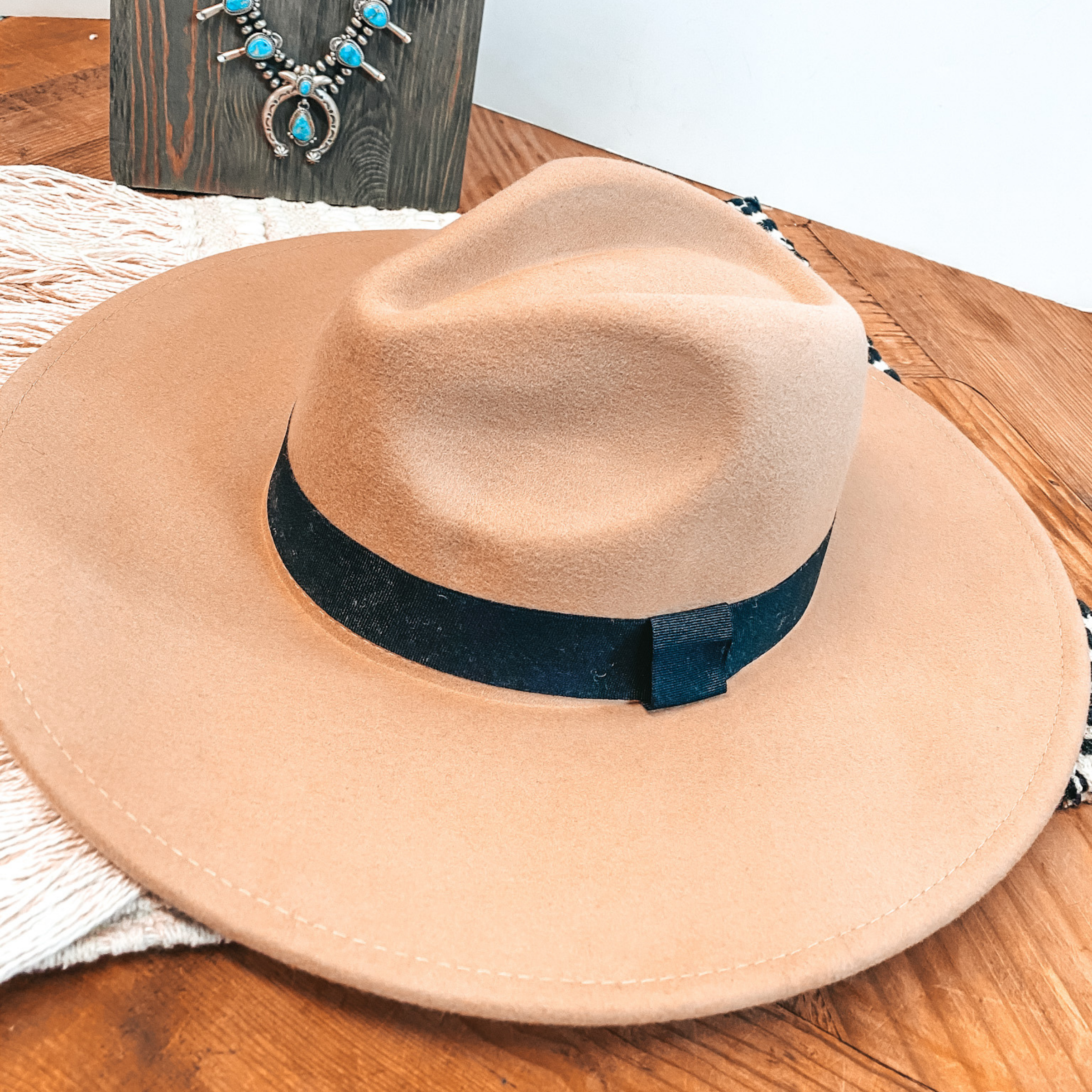 Gone for the Day Faux Felt Hat with Black Band in Beige - Giddy Up Glamour Boutique