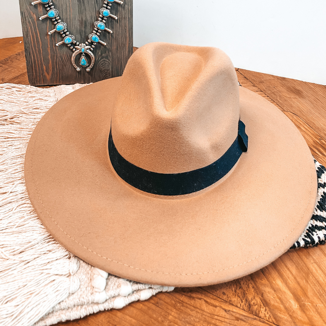 Gone for the Day Faux Felt Hat with Black Band in Beige - Giddy Up Glamour Boutique