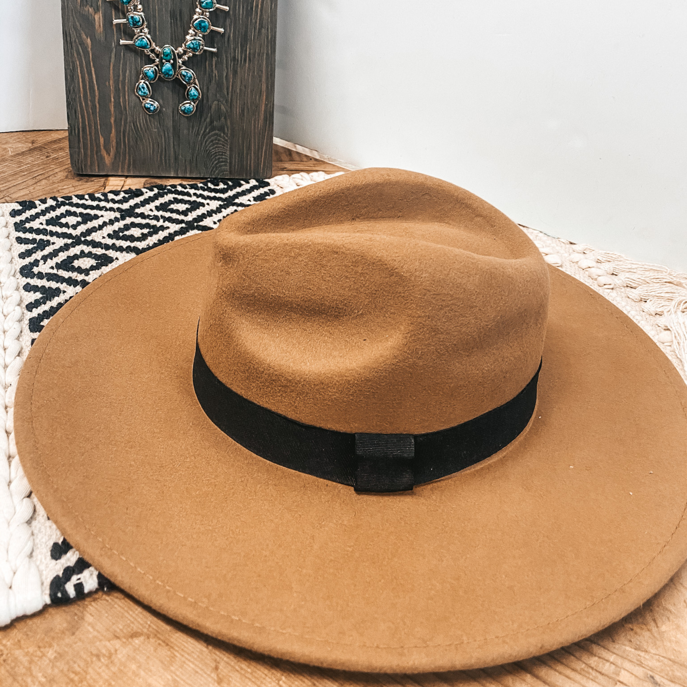 Gone for the Day Faux Felt Hat with Black Band in Tan - Giddy Up Glamour Boutique