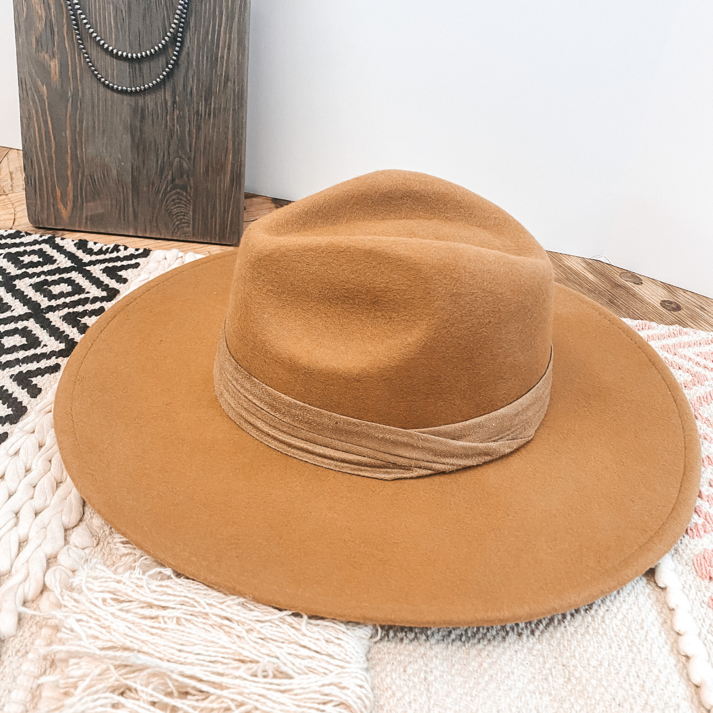 Perfect Pick Faux Felt Hat with Matching Band in Tan - Giddy Up Glamour Boutique