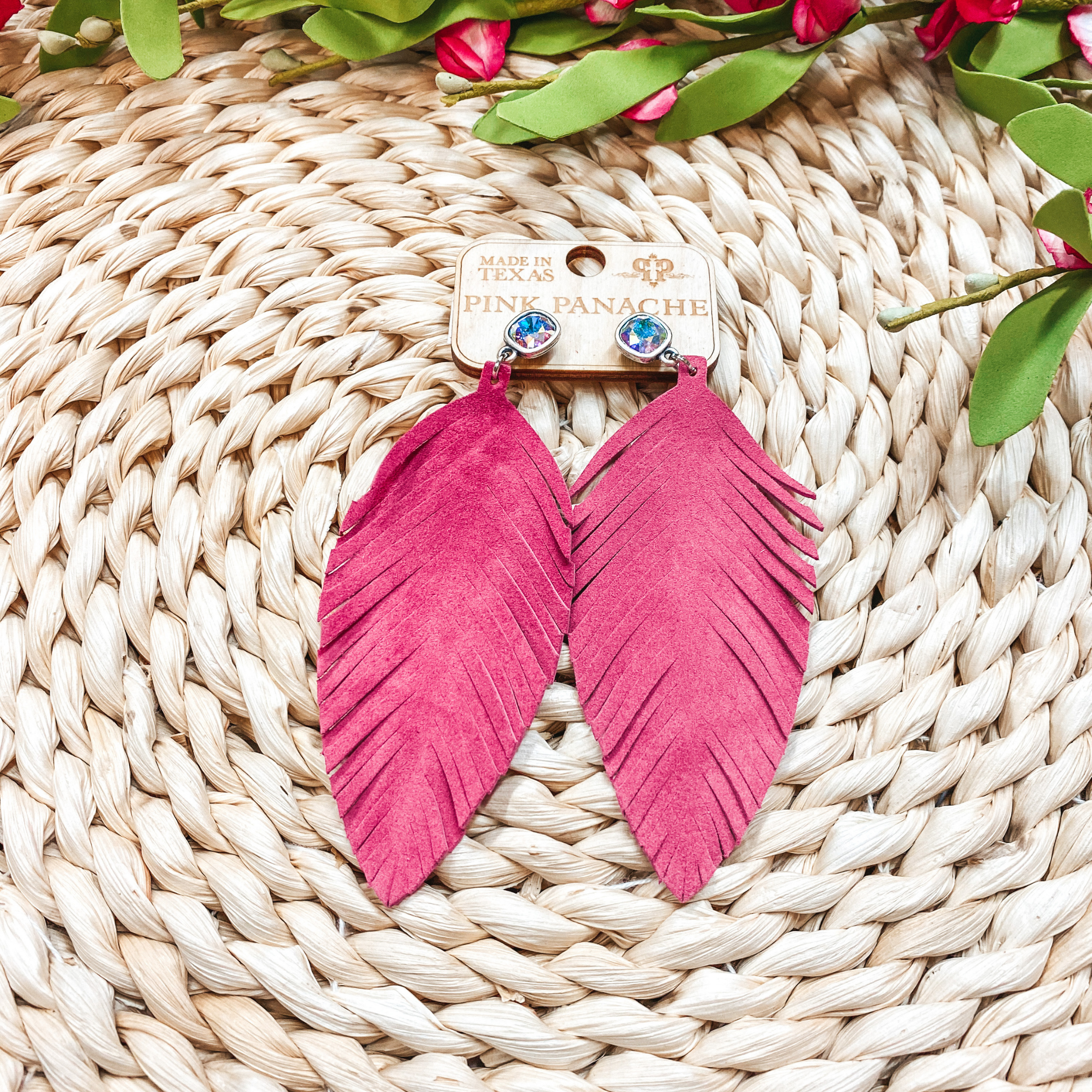 Pink Panache | Fuchsia Feather Earrings on AB Cushion Cut Crystals - Giddy Up Glamour Boutique