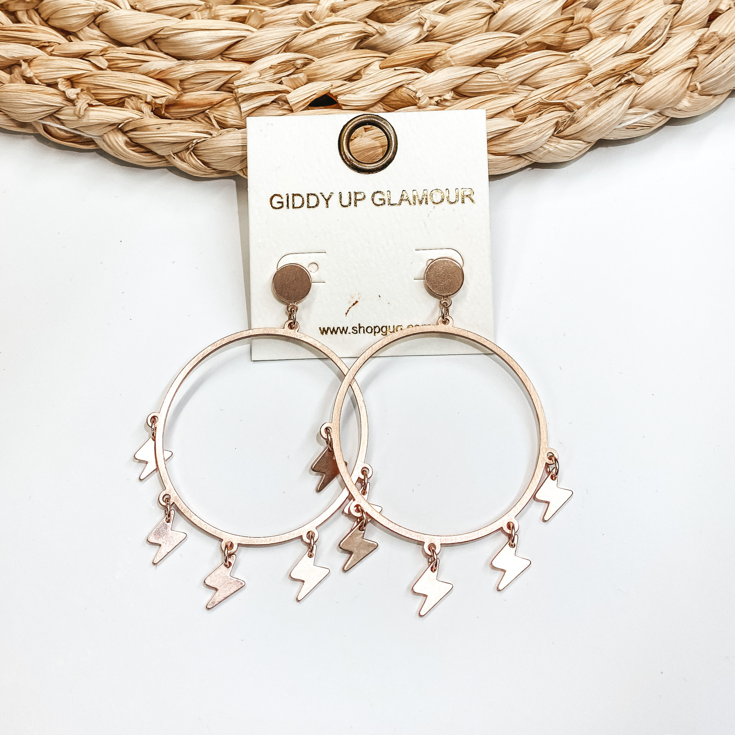 Hoop Post Earrings with Lightning Bolt Dangles in Rose Gold - Giddy Up Glamour Boutique