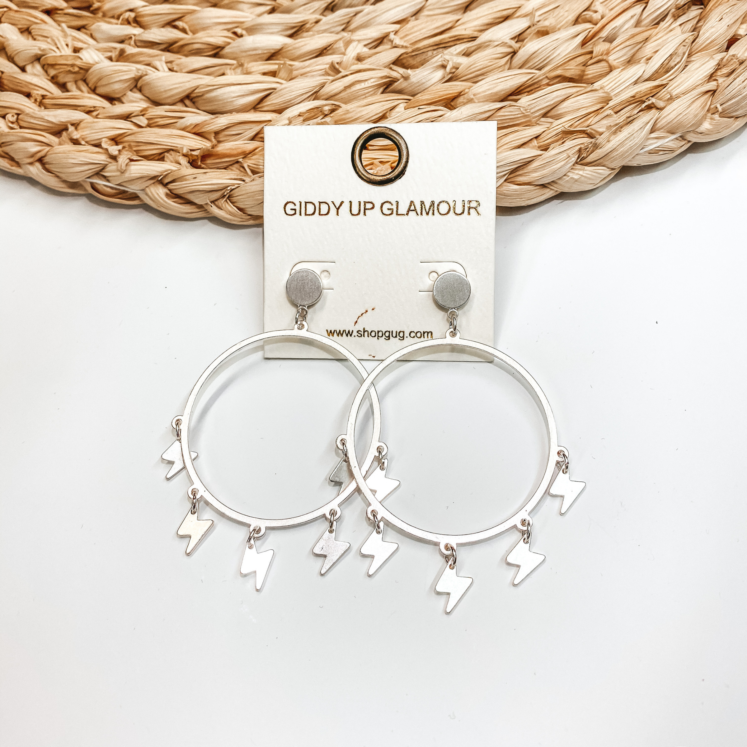 Hoop Post Earrings with Lightning Bolt Dangles in Silver - Giddy Up Glamour Boutique