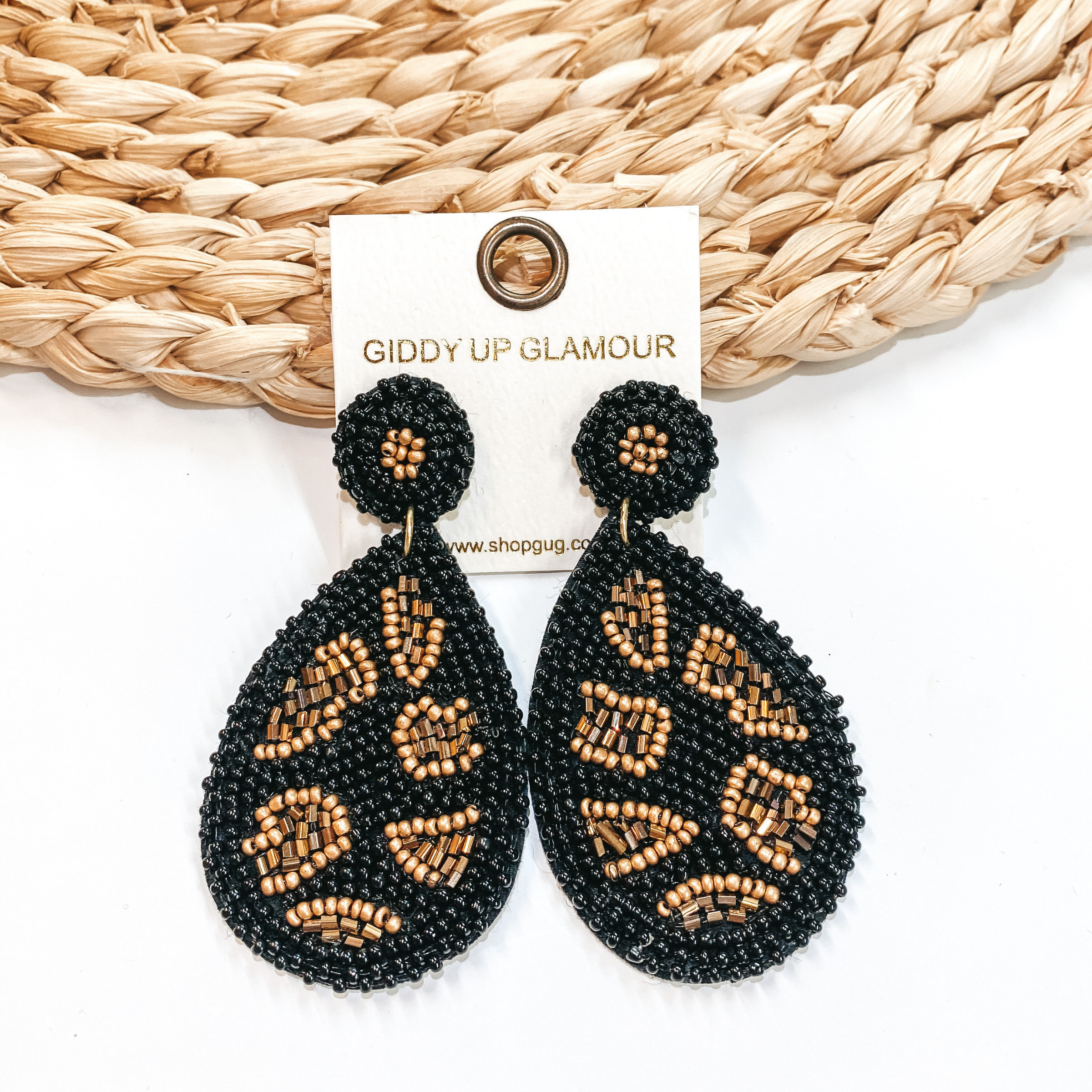 Beaded Leopard Print Teardrop Earrings in Black - Giddy Up Glamour Boutique