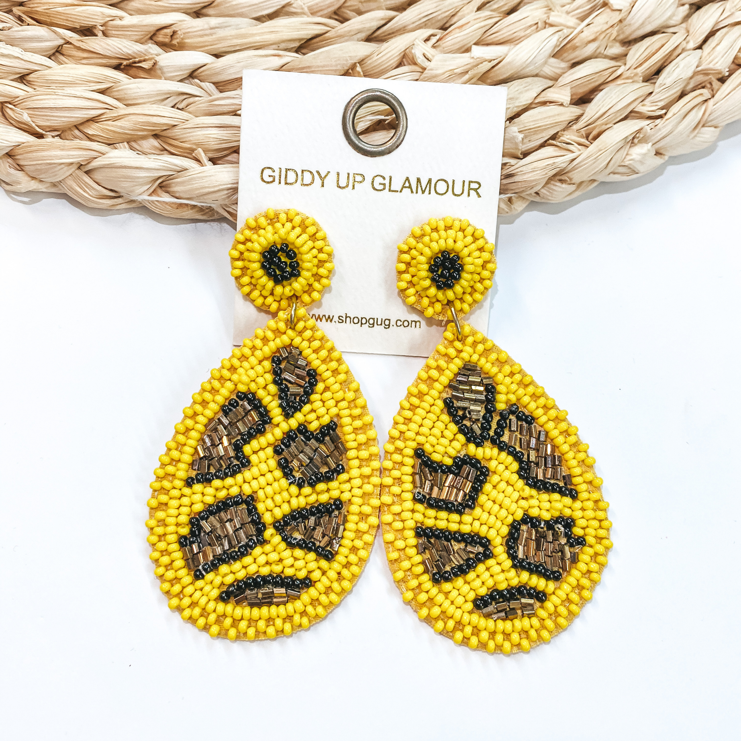 Beaded Leopard Print Teardrop Earrings in Yellow - Giddy Up Glamour Boutique
