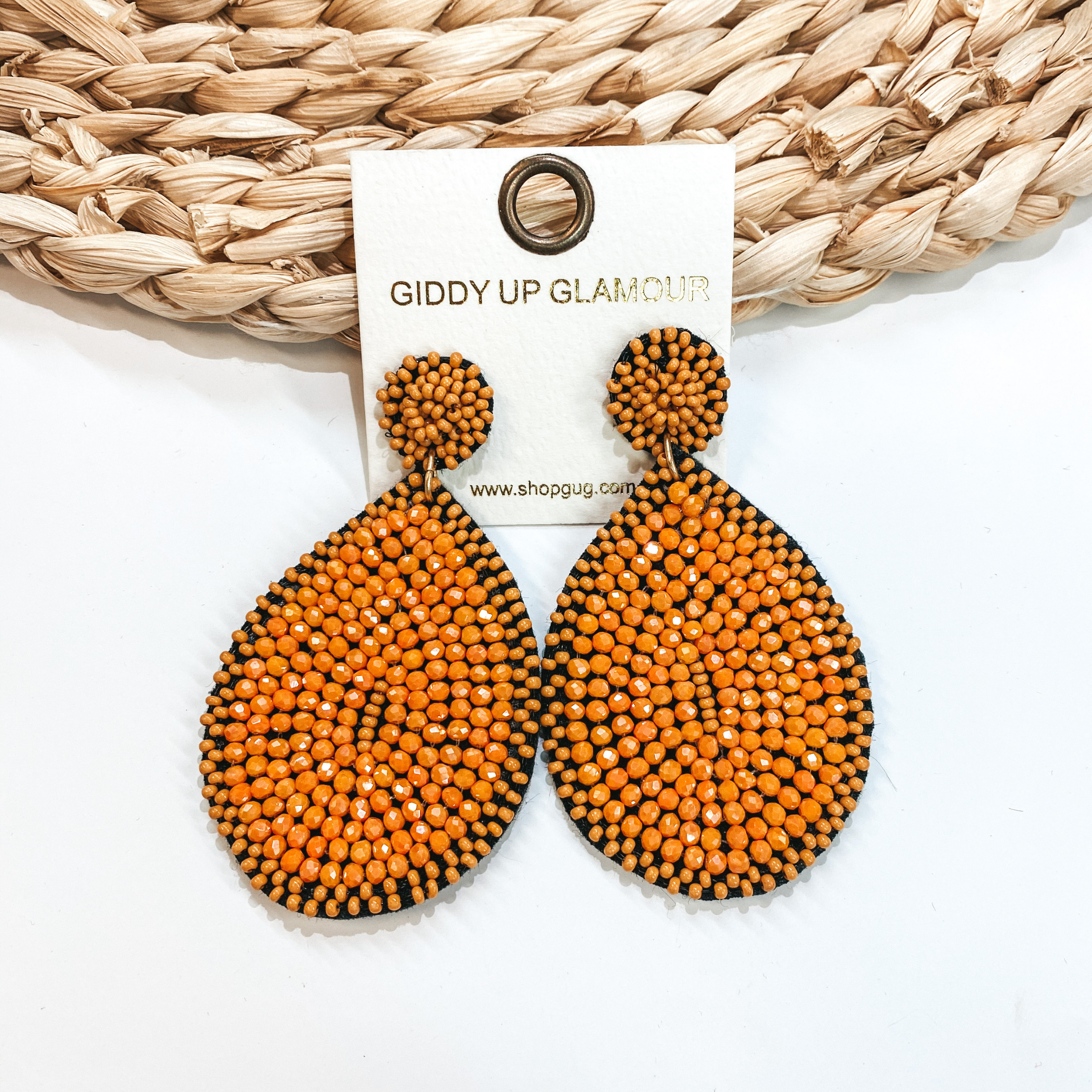 Crystal Beaded Circle Post Earrings with Large Teardrop Dangle in Orange - Giddy Up Glamour Boutique
