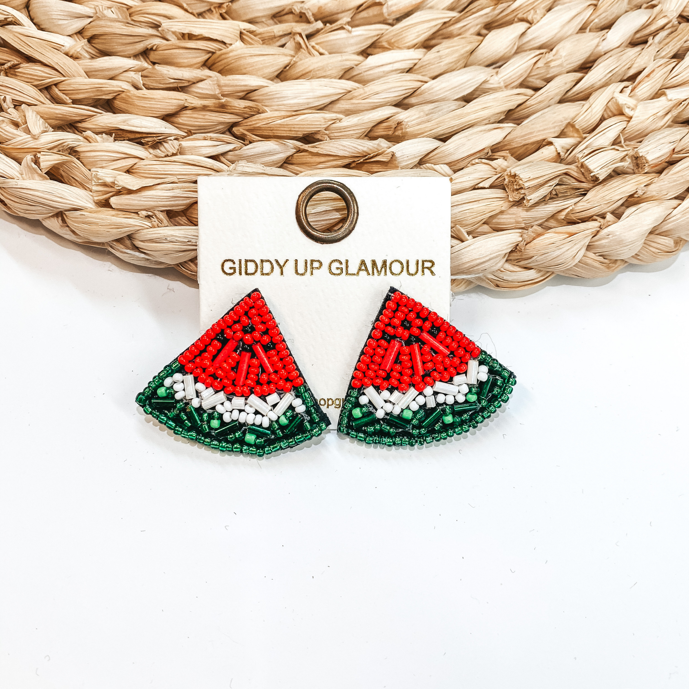Watermelon Sugar Beaded Post Earrings in Red, White, and Green - Giddy Up Glamour Boutique