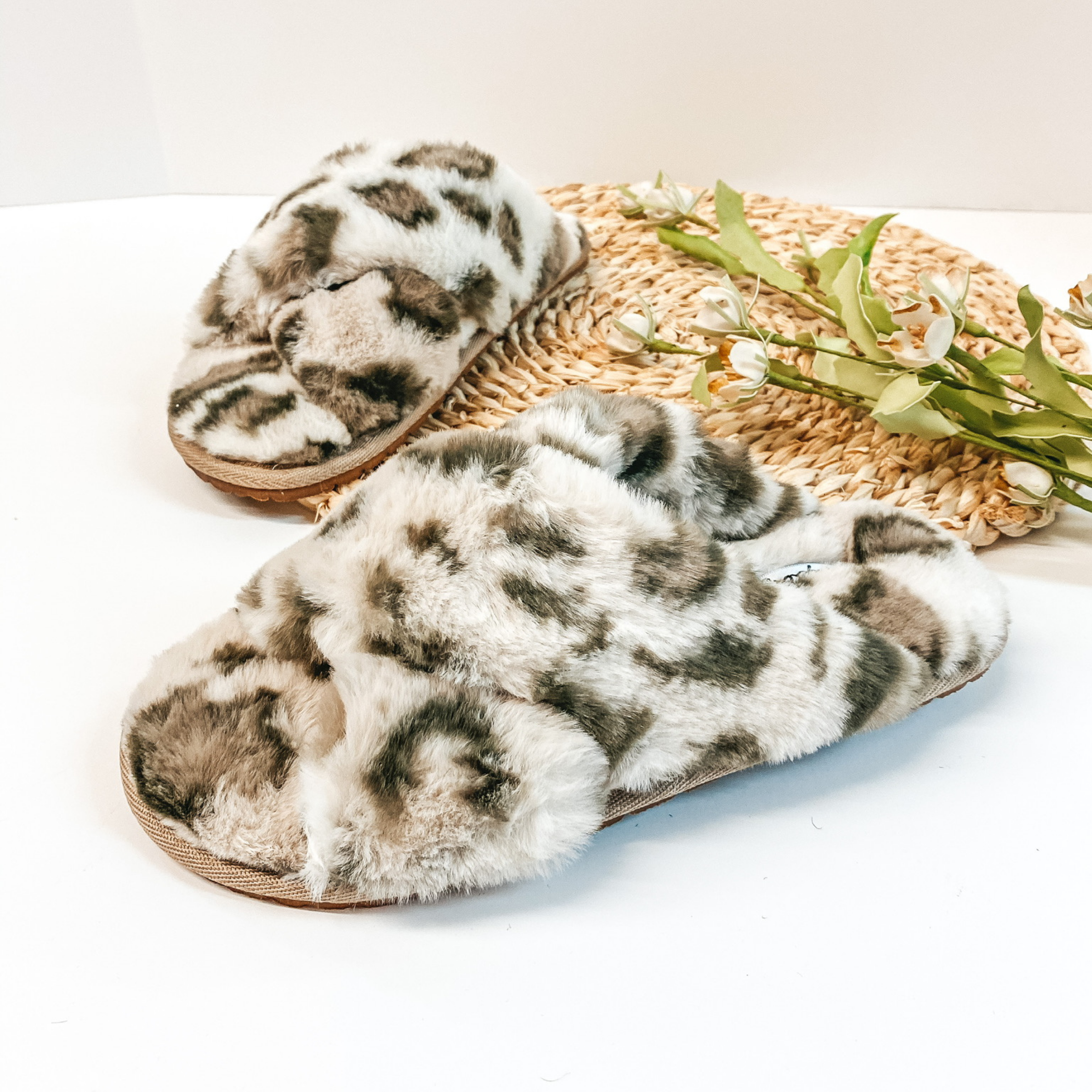 Last Chance Size 6 & 9 | Sweet Dreams Snow Leopard Criss Cross Slippers - Giddy Up Glamour Boutique