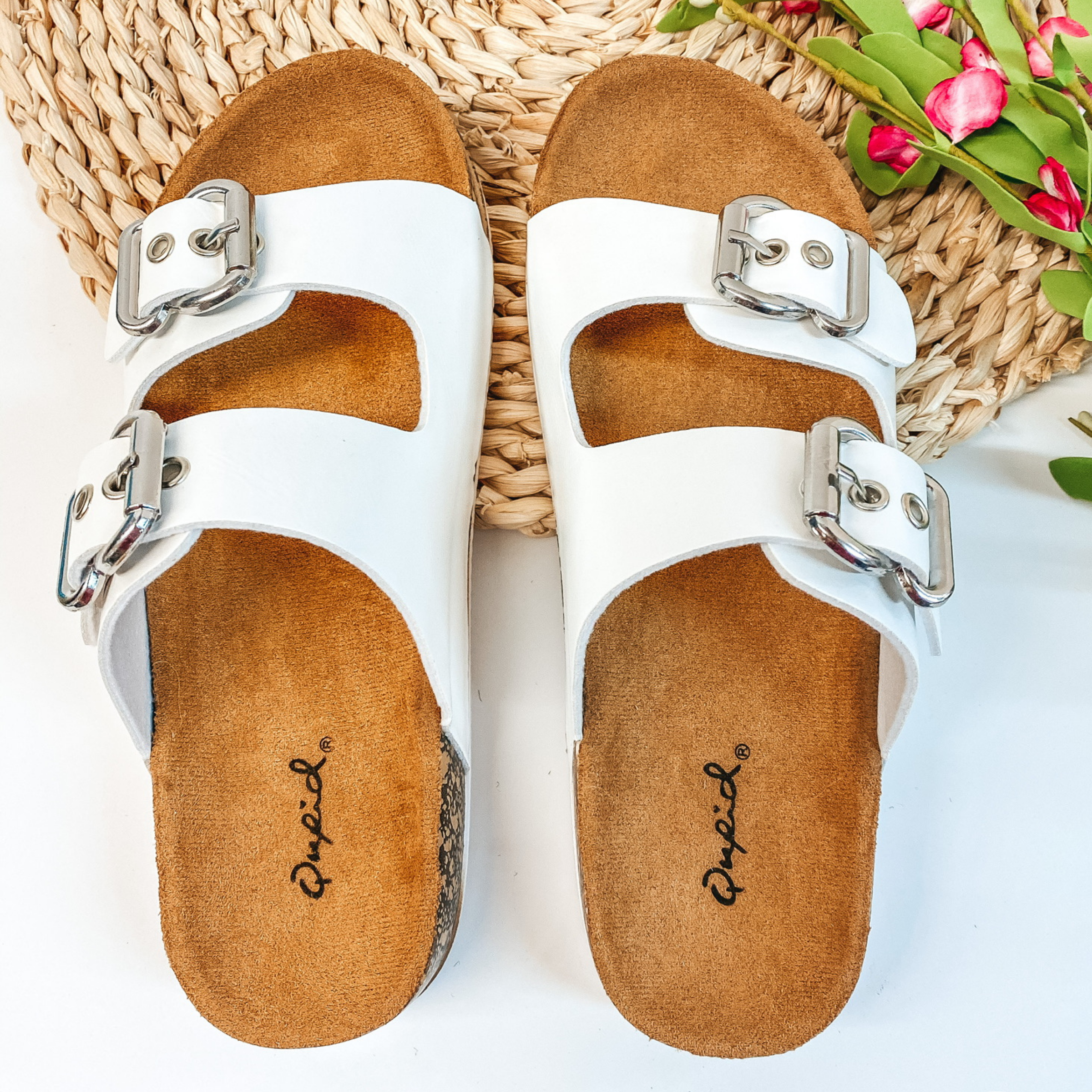 Living Easy Double Buckle Slide On Sandals in White