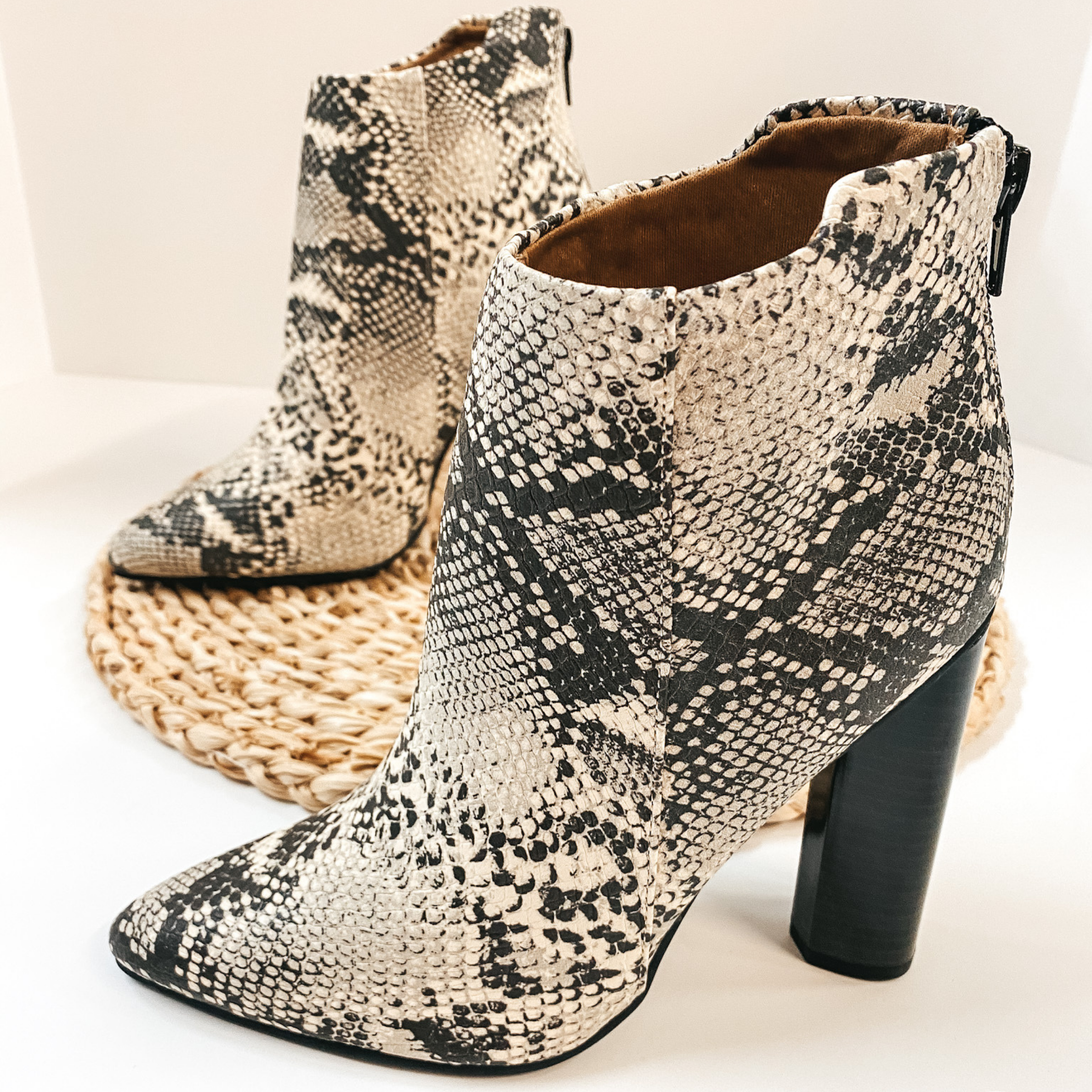 Last Chance Size 6 & 7 | Downtown Dreamer Heeled Ankle Booties in Snake Print - Giddy Up Glamour Boutique